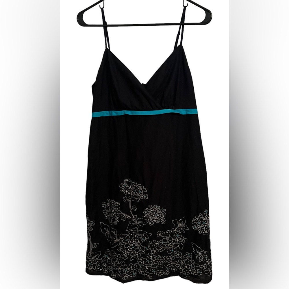 Studio 1940 Black Cotton Turquoise Floral Embroidered High Waist Sundress Sz12